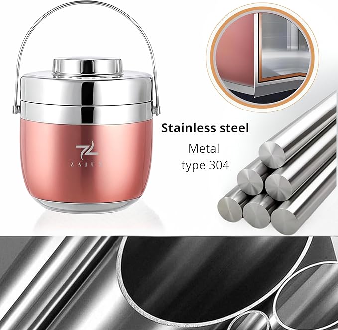 Stainless Steel Lunch Box Rose Gold for Adults, Large Capacity 51 oz (1,5L), Double compartment, Keeps food Fresh and Warm, Ideal for Work and Travel, Leak-Proof, Portable. Includes Special Bag.