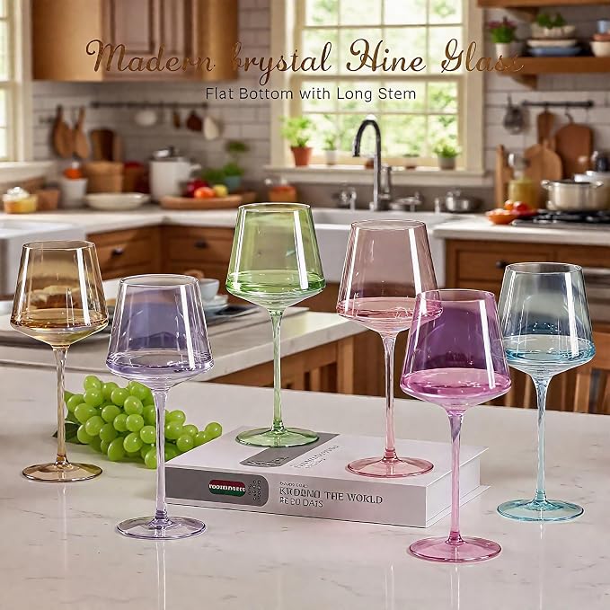 Physkoa Colored Wine Glasses Set 6-16oz Colorful Wine Glass With Tall Long Stem&Flat Bottom,Colored Stemmed Wine Goblet, Wine Gifts for Women Mom Wife Friend