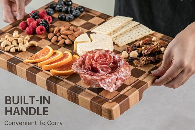 THETCHRY Cutting Boards for Kitchen, Checkered Cutting Board Upgraded, Acacia Wood Chopping Board with Juice Grooves & Handles, Large Butcher Block Serving Tray with Gift Box, 17"X12"X0.8"