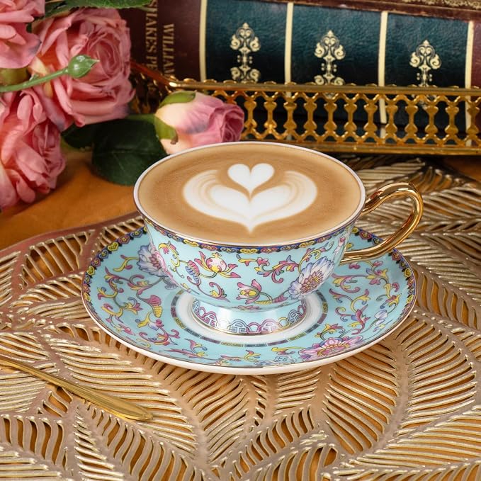KAMMAK Tea Cups and Saucers Set of 2, Porcelain Coffee Cups, Stackable Espresso Mugs, Ceramic Demitasse for Coffee, Cappuccino, Latte, Americano, Tea, Full Bloom Blue