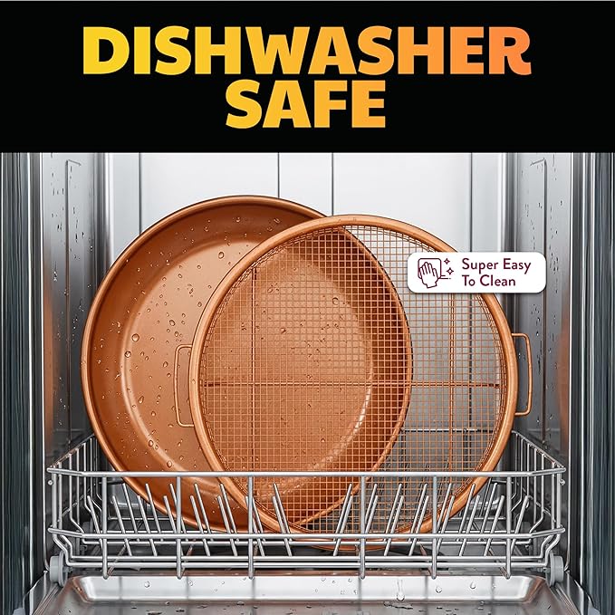 GOTHAM STEEL 2 Piece Copper Air Fryer Tray, Non Stick Air Fry Crisper Baskets for Air Fryers, Oven and Dishwasher Safe, Round Pizza & Bake Pan Frying, PFOA and PFOS Free, Durable & ScratchProof