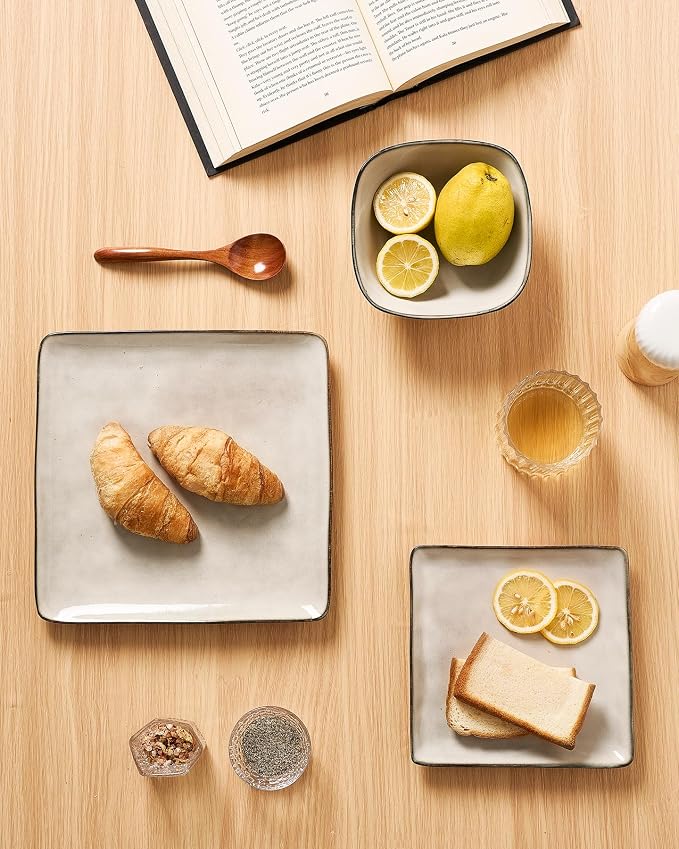 Famiware Stoneware Dinnerware Sets for 4, Ocean Square 12-Piece Kitchen Plates and Bowls Sets, Microwave and Dishwasher Safe, Scratch Resistant, Light khaki