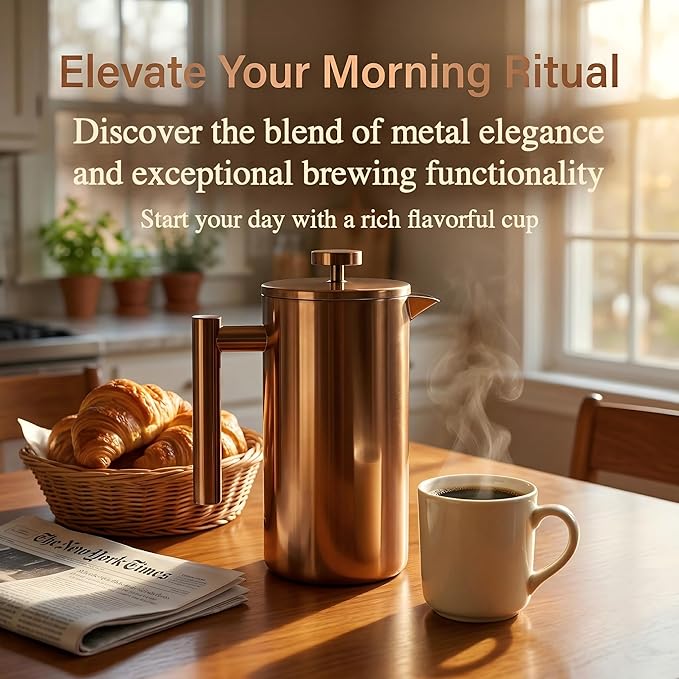 YJX 34oz Coffee Maker, Stainless Steel French Press, 1 Liter Camping Coffee Pot, Tea Maker, 34 Ounce Travel Coffee Presses, Heat Resistant Double Insulated (Coppery)