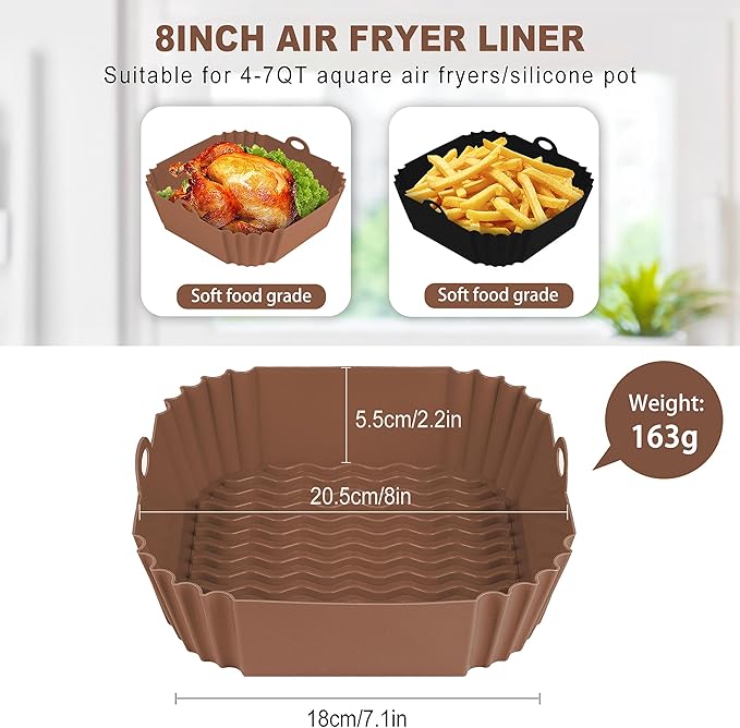 Boribim 2 PCS Square Silicone Air Fryer Liners - 8 Inch Reusable Air Fryer Pot - Air Fryer Accessories - Air Fryer Inserts for 4 to 7 QT Oven Microwave Accessories (Black + Brown)