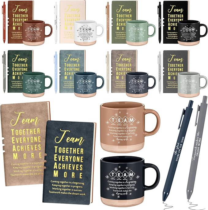 Didaey 10 Sets Team Appreciation Gifts Set 13oz Inspirational Ceramic Coffee Mugs A6 Leather Notebooks Ballpoint Pens Bulk Thank You Gifts for Team Members, Employees, Staff, Nurses