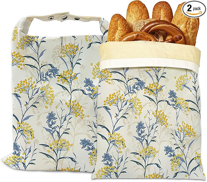 Bread Bags for Homemade Bread, Yellow Berries Leaves 2 Pack Linen and Beeswax Sourdough Storage Bags, Reusable Keeper, Keeps Breads Fresh Longer, Gifts for Bakers