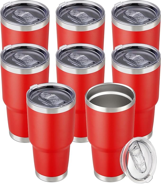 30 oz Tumbler with Lid Stainless Steel Tumblers Bulk Vacuum Insulated Cup Reusable Powder Coated Travel Mug Double Wall Leak Proof Cups Keep Cold Drinks for 12 Hours Red, Set of 8