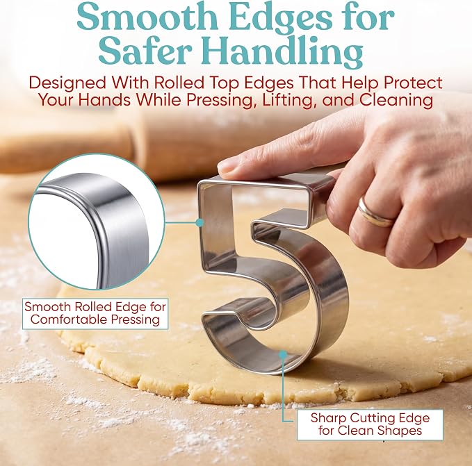 Bakerpan Stainless Steel Big Number Cookie Cutter Set - 9 Large 3.5 Inch Number Cookie Cutters 0-9 (Reversible 6/9) for Cookies, Biscuits, Fondant, Birthdays & Cake Decorating + Bonus Dough Cutter