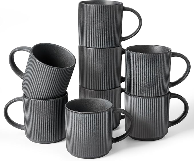 famiware Coffee Mug Set for 8, Star 12 oz Catering Mugs Cup Set with Handle for Coffee, Tea, Cocoa, Milk - Ceramic Stoneware Drinkware Set, Matte Dark Charcoal