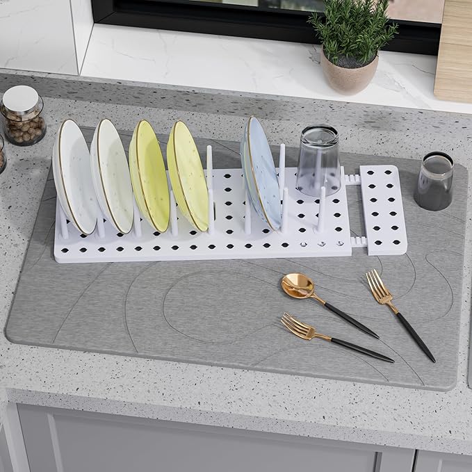 Large Stone Drying Mat for Kitchen Counter, 24" × 16" Diatomite Dish Drying Mat, Ultra Absorbent Diatomaceous Earth Dry Stone Mats with Dish Rack for Dished, Bottles, Dark Grey