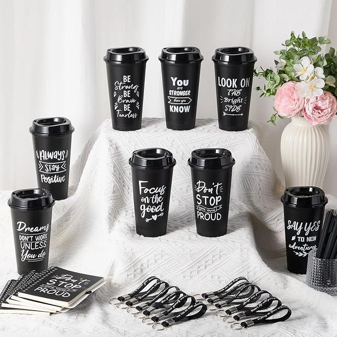 Skylety 12 Sets/48 Pcs Employee Appreciation Gift Baskets Bulk 16oz Inspirational Coffee Cup with Spiral Notebook, Pen & Keychain, Thank You Gifts for Staff, Teacher,Coworker, Team (Black)