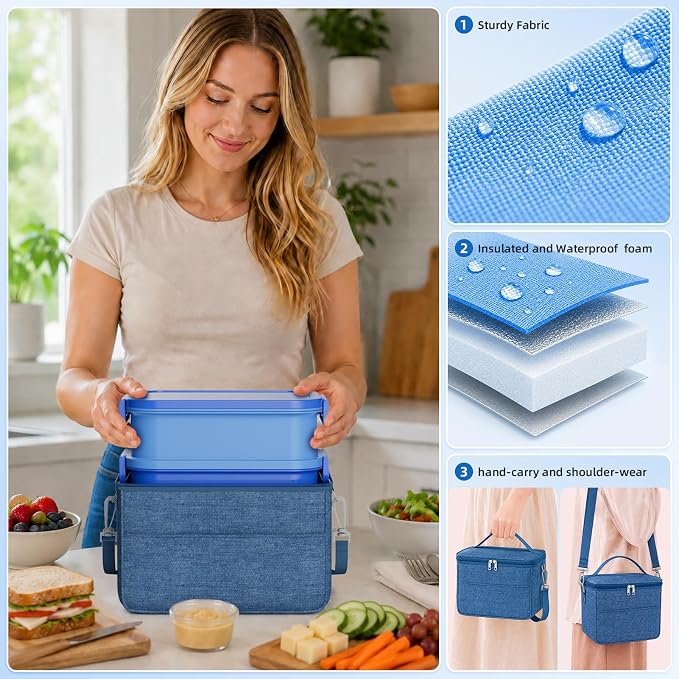 Adults Lunchbox Bento Box with Lunch Bag for Women Men- 74 OZ All-in-One Stackable Lunch Box for Adults Kids Leakproof Bento Large Lunch Box Containers with Fork Spoon Sauce Box for Work School (Blue)