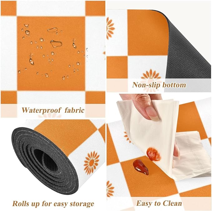 2 in 1 Table Runner Trivet for Hot Pots and Pans Heat Resistant Non Slip Waterproof 39 x 12 Inch Decorative Table Protector for Kitchen Countertop Checkered Orange Sunflowers