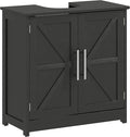 HOMCOM Pedestal Sink Storage Cabinet, Farmhouse Freestanding Bathroom Sink Cabinet with 2 Barn Doors and Adjustable Shelf, Distressed Black