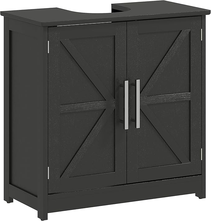 HOMCOM Pedestal Sink Storage Cabinet, Farmhouse Freestanding Bathroom Sink Cabinet with 2 Barn Doors and Adjustable Shelf, Distressed Black