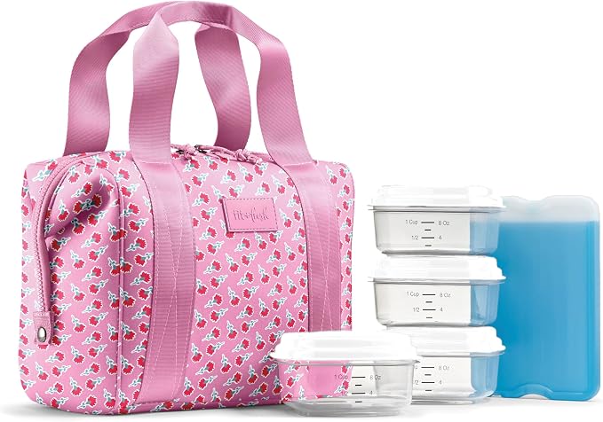 Fit & Fresh Remi Lunch Bag for Women Work – Neoprene Lunch Tote with Containers & Ice Pack, Reusable Meal Prep Lunch Box, Large Capacity, Machine Washable, Sweet Pink Block