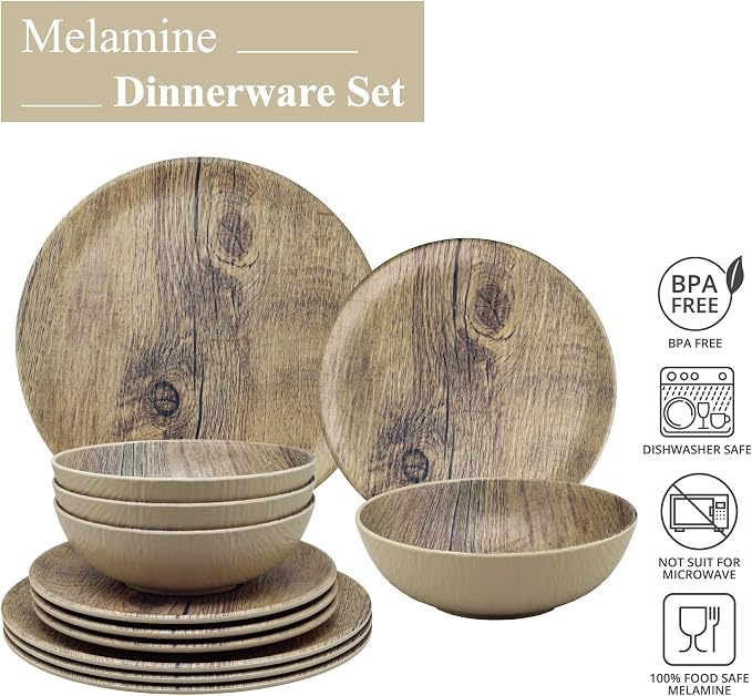 UPware 12 Piece Wood Grain Melamine Dinnerware Sets, Outdoor Dishes Set, Plates and Bowls Sets, Service for 4, Brown