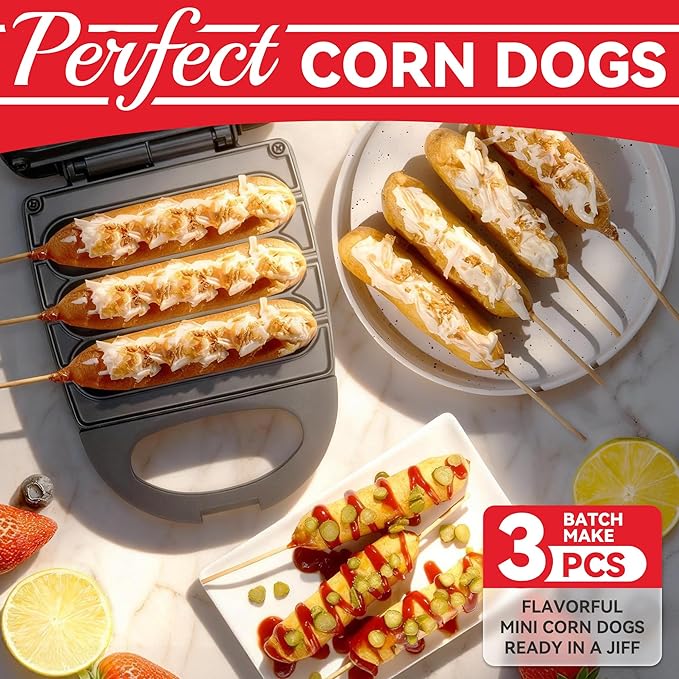 SugarWhisk Electric Corn Dog Maker, Fryer for 3 Mini Corn Dogs on Stick, Cheese Mozzarella Sticks & Treats, Corndog Maker Machine, Hot Dog Machine, Brush Included, Graphite