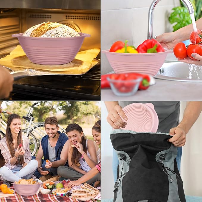 4-Pack Reinforced Silicone Banneton Bread Proofing Baskets for Sourdough, 9" Round Non-Stick Proofing Bowls with Dual Handles, Built-In Rim Support, Oven, Freezer & Dishwasher Safe, Foldable, BPA Free