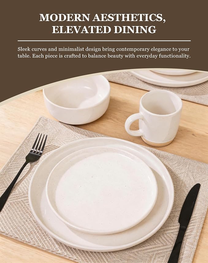 OTAGO 16-Piece Stoneware Dinnerware Set for 4 with Mugs, Plates and Bowls Sets with Partially Unglazed Base, Scratch Resistant Ceramic Dish Set, Microwave & Dishwasher Safe for Kitchen,White