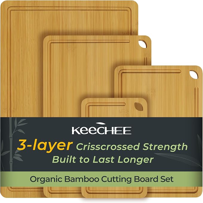 Keechee 4-Pcs Natural Wood Cutting Board Set Kitchen Tools with Juice Groove, Wooden Chopping Board for Meat, Fruit, Vegetables & Cheese (Pre Oiled, Natural)