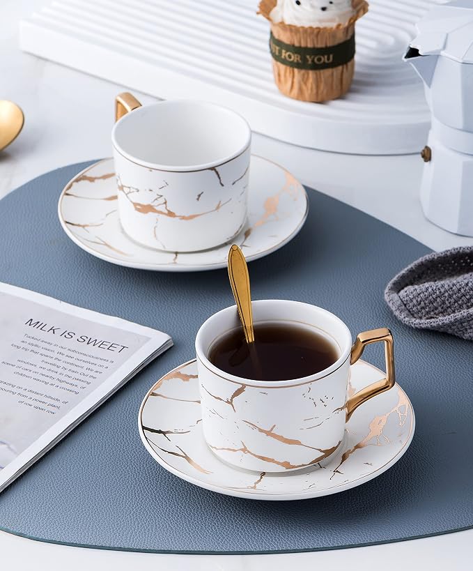 Jusalpha Serve of 4- Hand Printed Golden Matte Ceramic Marble Tea Coffee/Tea Cups with Spoons and Cup Holder, 7OZ -TCS26 (White/Gold, Serve of 4)