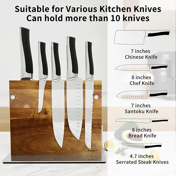 Brosisincorp Acacia Magnetic Knife Block Double-Sided for Kitchen Counter Top - Heavy Duty Base & Shatter-Resistant Acrylic Shield, Holds 10-12 Knives, Space Saving Organizer (No Knives Included)
