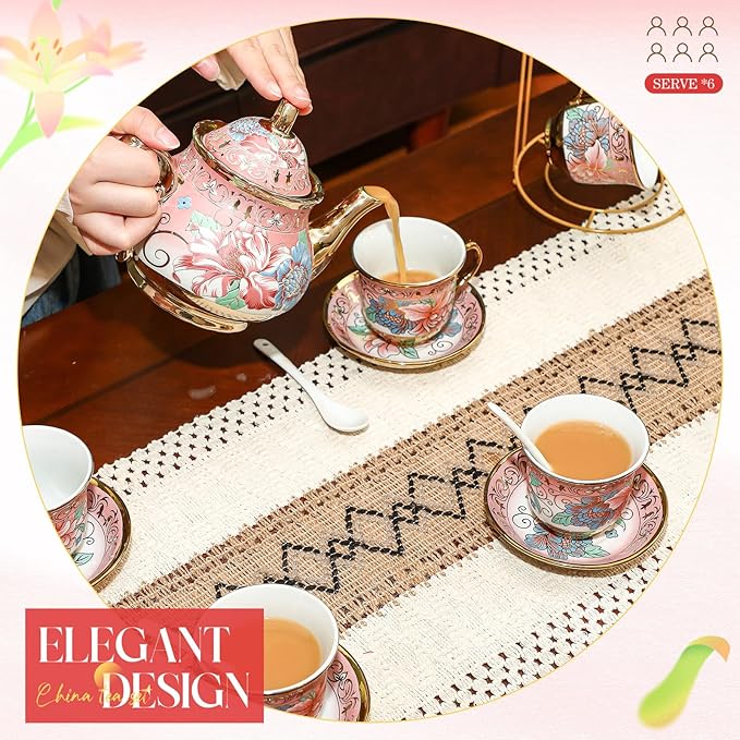 20 Pcs Porcelain Tea Set for Adults with Metal Holder and Spoon European Ceramic Tea Party Set Flower Painting Teapot Cup Saucer for Women Gift, Serving 6 People(Fresh)