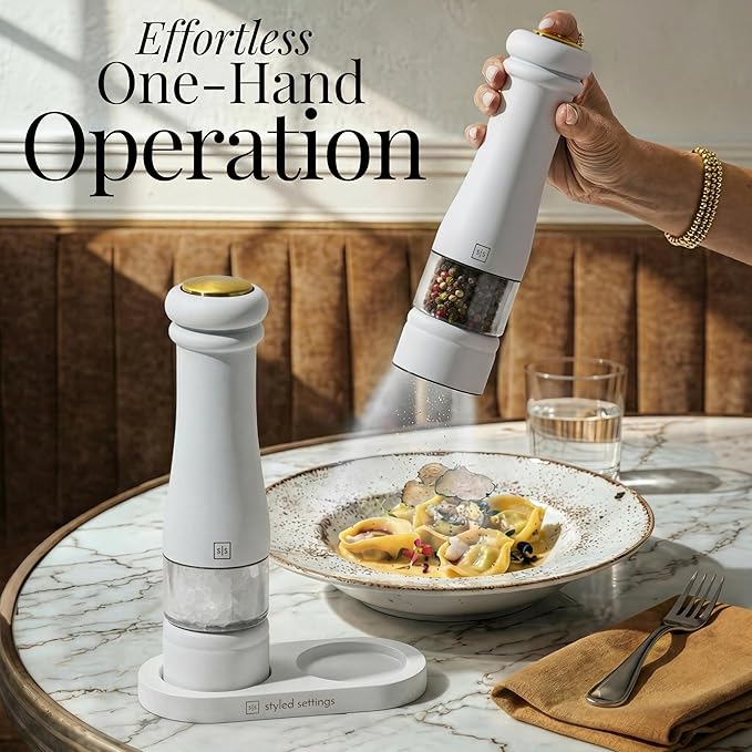 Electric Salt and Pepper Grinder Set - Styled Settings White Electric Salt and Pepper Shakers, Automatic Stainless Steel Set with LED Light, Battery Operated, Adjustable Coarseness, Wood Base