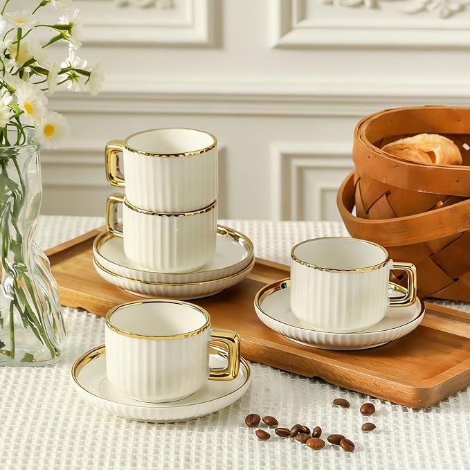 LETAOTAO Espresso Cups Set of 4, 3oz Espresso Cups and Saucers, Ceramic Coffee Cups with Gold Trim, Stackable Mini Demitasse Mugs for Espresso, Cappuccino,Latte, Americano and Tea