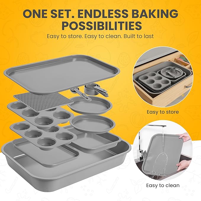 Non-Toxic PFOA-Free Stackable Bakeware Set, Professional Gauge Carbon Steel Space-Saving 11pc Nonstick Baking Pans: 6-Cup Muffin Pan, Cookie Sheet, Cake & Roaster Pans, Mats & Cups