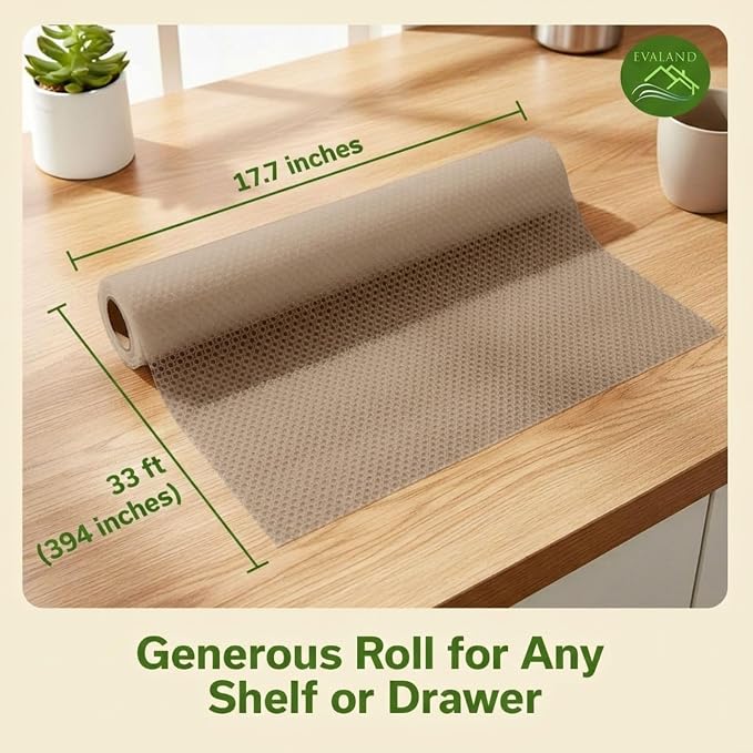 EVALAND Shelf Liners for Kitchen Cabinets Non-Adhesive 12" x 33 FT Beige Drawer Liner Non Slip, Washable Cabinet Liner, Waterproof Shelf Liners for Cabinets, Refrigerator Bathroom Pantry Cabinet Mat