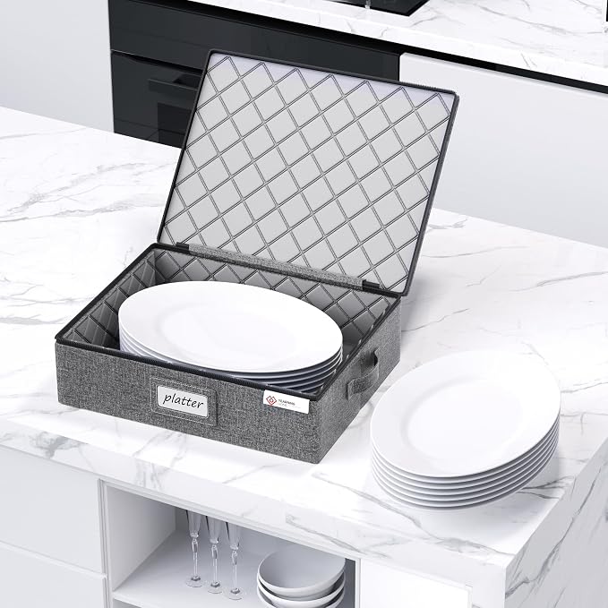 YearningHome Platter Storage Case,Hard Shell Fine China Storage Containers with Sturdy Handle and Zipper,Large Capacity with Felt Dividers for Plate,Moving and Seasonal Storage,2 Pack,Grey