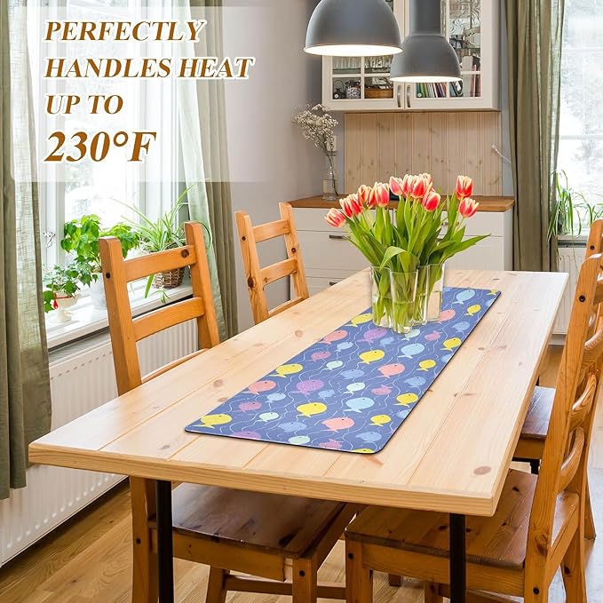 2-in-1 Table Runner Trivet for Hot Dishes Heat Resistant Hot Plate Mat Pad 39x12 Inch Waterproof Table Protector Trivets for Countertop Non Slip Decorative Blue Fishes and Water Ripple