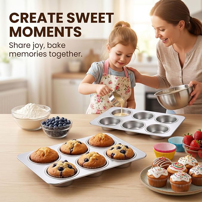 LIANYU 6 Cup Muffin Cupcake Pan, Stainless Steel Muffin Tin Mold for Baking Cup Cake, Brownie, Regular Size Metal Muffin Baking Tray, Oven & Dishwasher Safe
