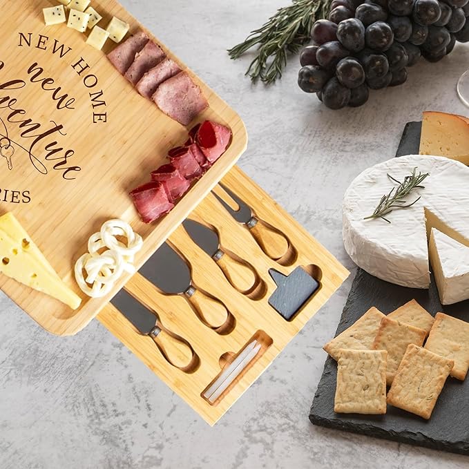 Charcuterie Board Set Gift- Housewarming Gifts for New Home Homeowner, New Home Gift Couple, Engraved Bamboo Cheese Board for Serving, First House Presents for Neighbor Friends, Realtor Closing Gifts