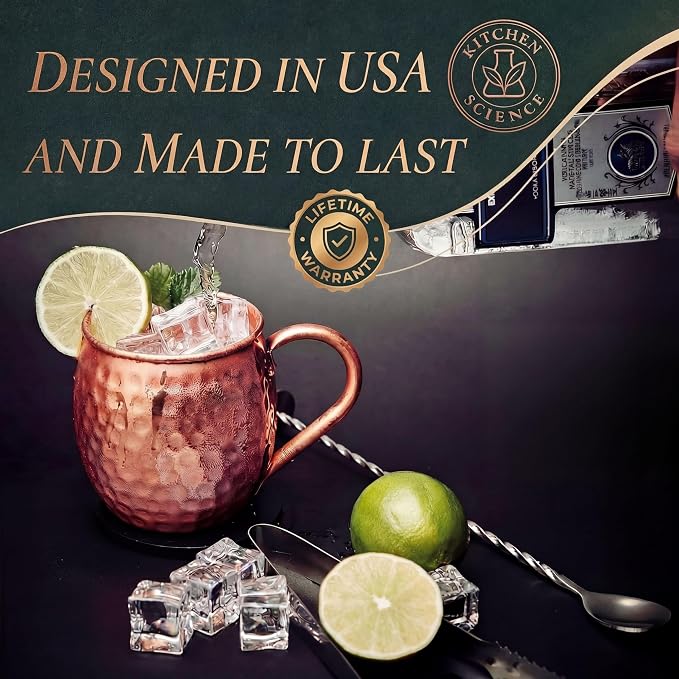 Kitchen Science Premium Hammered Copper Moscow Mule Mugs Set of 6 | Food-Graded-Lacquer Coating | Thick Wall- Cocktail Cups with Welded Handles | Ideal for Cocktails, Beer & Gifting