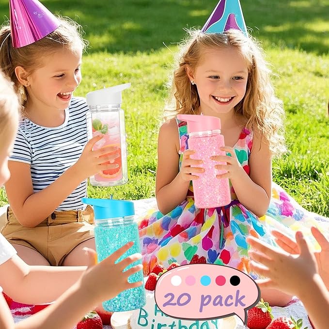 20 Pack 10 Oz Plastic Snow Globe Tumbler for Kids with Pre-Drilled Hole and Plug, Leak Proof Double Wall Snow Globe Sports Water Bottle with Portable Handle for Glitter DIY Gift, Mixed Color