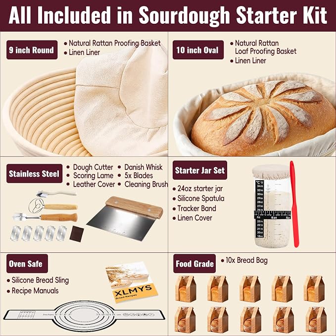 Sourdough Starter Kit - Banneton Proofing Basket 9 Inch Round & 10 Oval, Complete Sourdough Bread Baking Supplies with Starter Jar, Bread Sling, Lame, Danish Dough Whisk, Bags