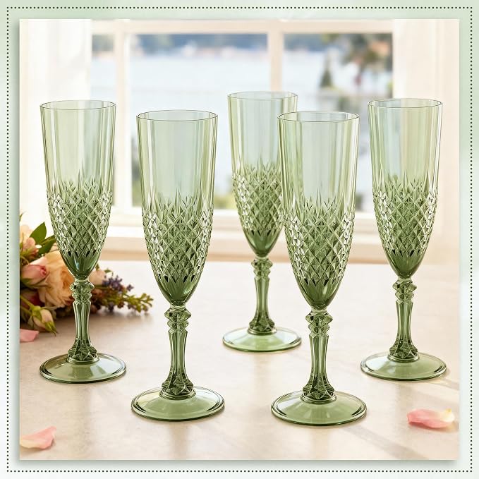 Plastic Champagne Flutes, Champagne Glasses Bulk, Reusable Unbreakable Acrylic Wine Glasses Goblets for Weddings Bachelor Parties Toasting Bridal Shower (12, Sage Green)
