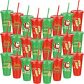 Kochorie 24 Pcs Christmas in July Plastic Cups 24 Oz Reusable Summer Christmas Party Cups with Lids and Straws Thick Plastic Tumbler Bulk for Summer Christmas Party Supplies
