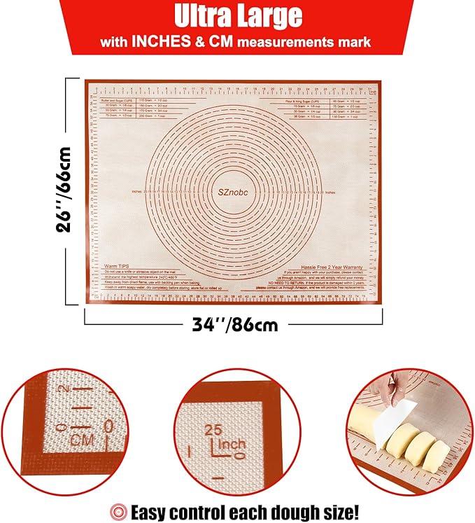 Silicone Pastry Mat 34x26 Inch - Nonstick Baking Mats with Measurements, Great for Dough Rolling, Pastry, Pie Crust, Fondant, Cookies, Bread, Pasta, Pizza, Food Grade Kitchen Counter Mats