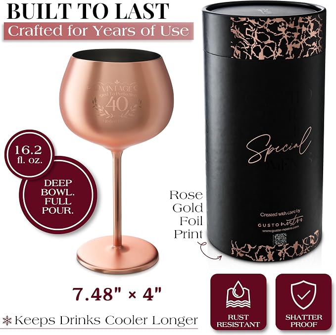 Gusto Nostro 40th Birthday Wine Glass - Classy 40th Birthday Gifts for Women or Men - Stainless Steel Wine Glass with Engraved Vintage Forty Bday Quote, Luxury Box - Bday Gift for 40 Year Old Woman