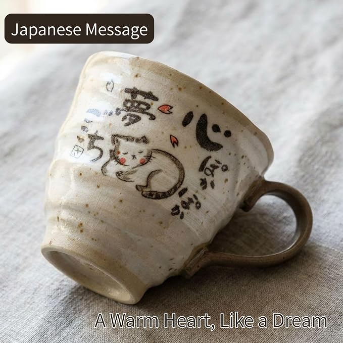 Cat Mug Set of 2, Japanese Handmade Ceramic Coffee Mug, Japanese Tea Cups, 8.8 oz