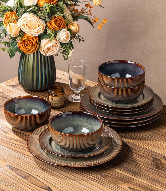 TheTerra Stoneware Dinnerware Sets for 4, 12 Pieces Ceramic Plates and Bowls Sets, Scratch Resistant Embossed Dish Set, Oven, Microwave & Dishwasher Safe, Coca Mocha