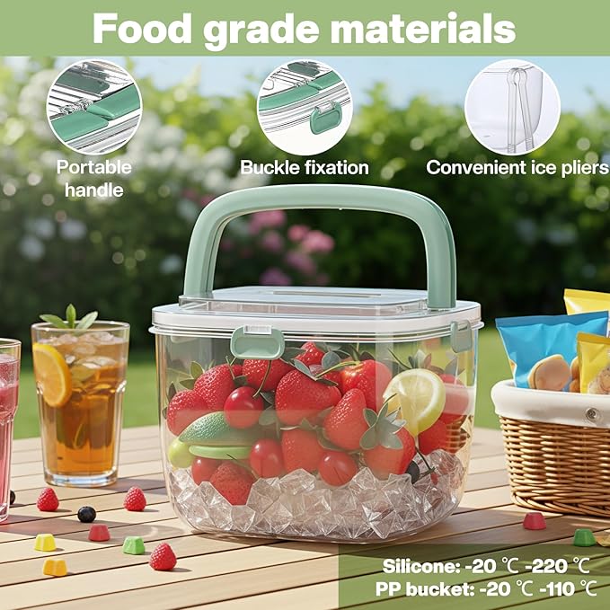 5L Ice Cube Storage Bin with Lid and Tong, Clear Ice Bucket for Freezer Portable Plastic Refrigerator Containers Wine Ices Bucket with Handle for Whiskey Cocktail Bar Parties Outdoor Camping