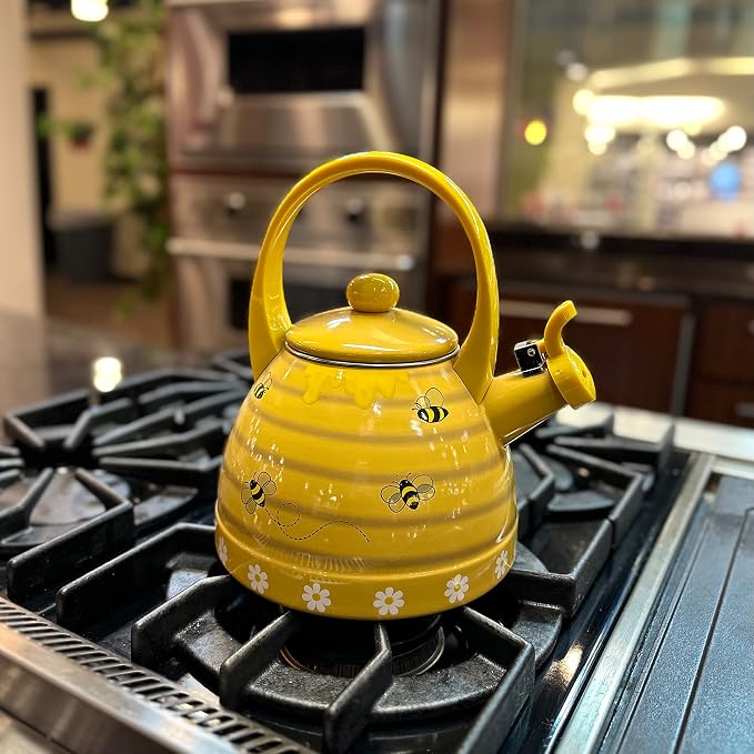 UPware Enamel on Steel Whistling Tea Kettle, Stovetop Teakettle (2.4 Quart, Bee Hive)