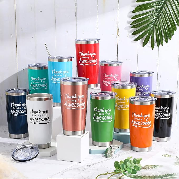 Sieral 24 Pieces Thank You for Being Awesome Tumbler, Thank You Supplies for Women Men 20oz Insulated Stainless Steel Travel Tumbler with Lid and Straw Appreciation Gift with Keychain (Multicolor)