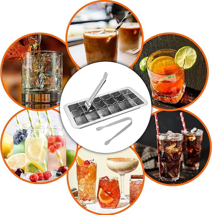2 Set Stainless Steel Ice Cube Tray for Freezer – Square Icecube Foods 18 Slot Molds Easy Release Metal Handle with Removable Slots, Lever Reusable with 6 Clips, Dishwasher Safe for Kitchen & Bar