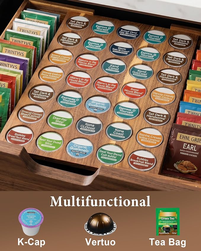 Acacia Wood Coffee Drawer Organizer, 35 Slot K Cup Drawer Organizer, Expandable Coffee Pod Drawer Organizer with Side Pull Out Tea Bag Holder for K Cups and Pods